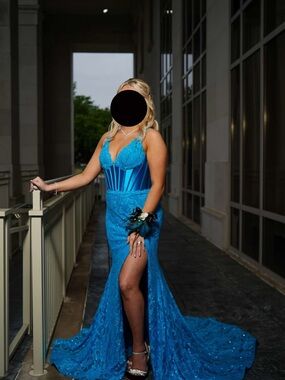 Sherri Hill Blue Prom Gown with High Slit